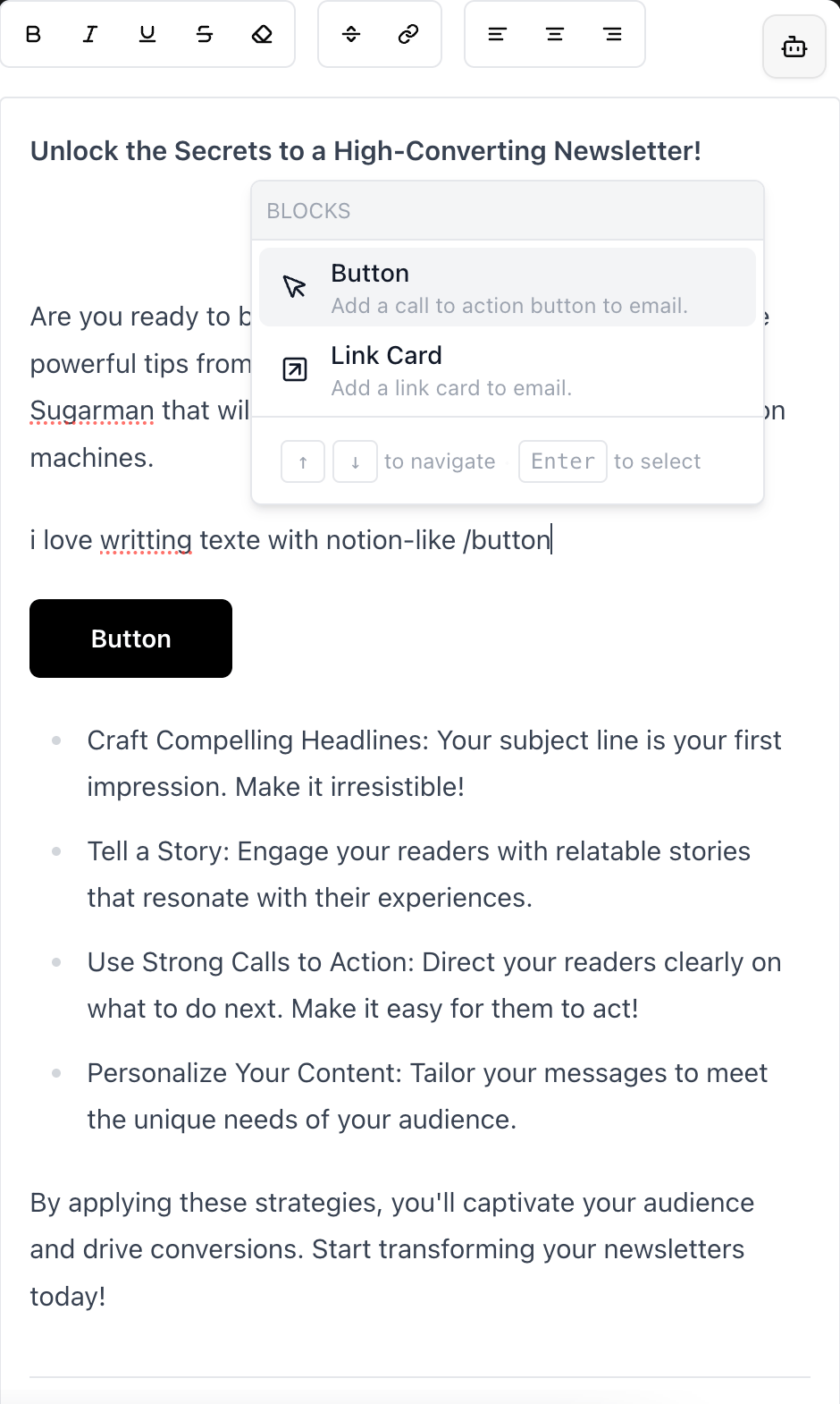 The real Lumail slash command menu inserting an email button